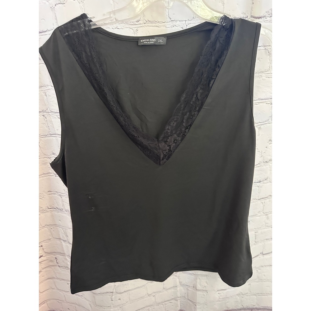 Shein Curve Black Tank Top Lace V-Neck Sleeveless Casual Blouse 2XL‎